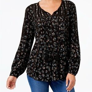 Style & Co Black Blue Cream Floral Print Studded Trim Tassel Pink Peasant Size L